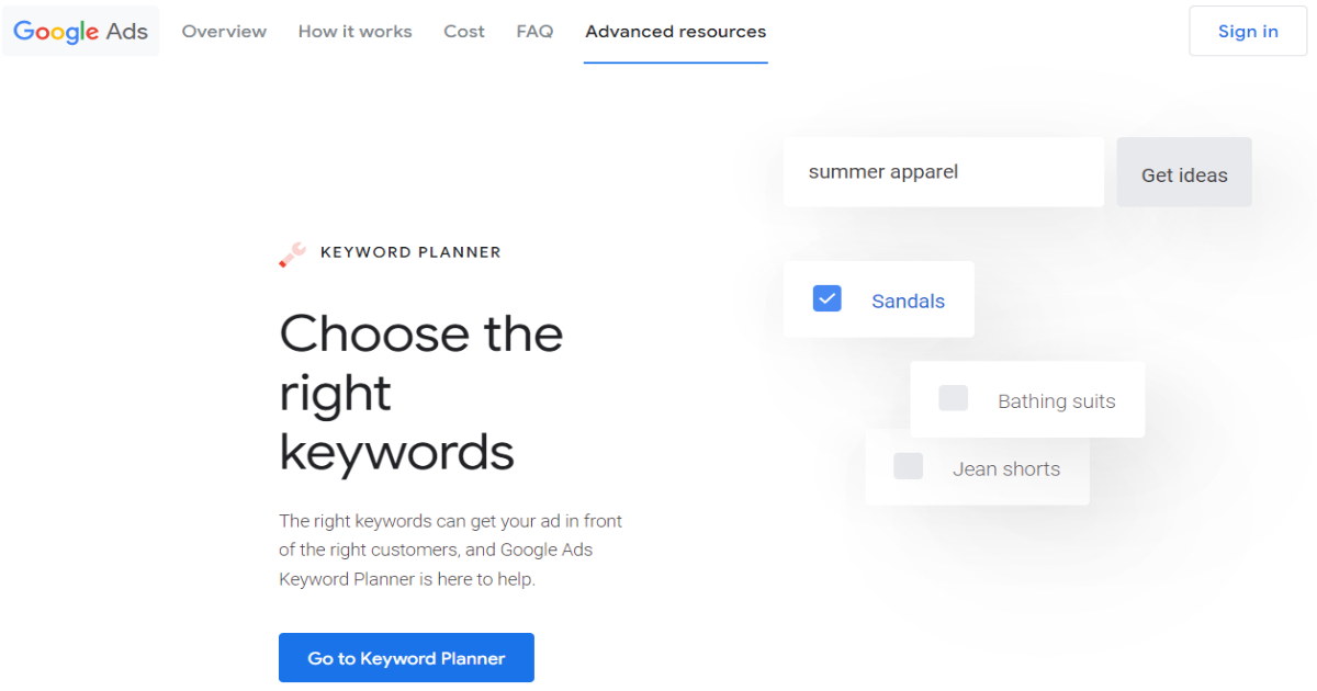 Google Keyword Tool landing page