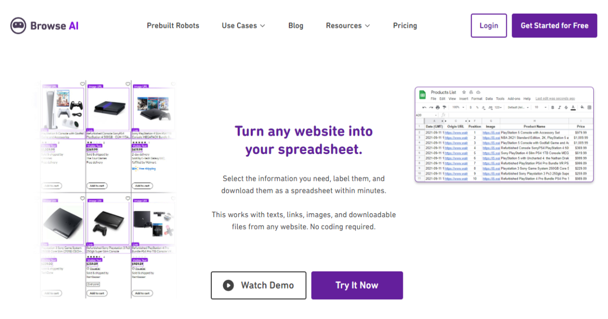 Browse AI turn data into spreadsheet