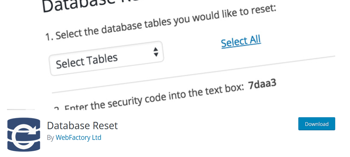 WordPress Database reset plugin page