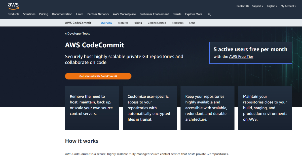 AWS CodeCommit landing page