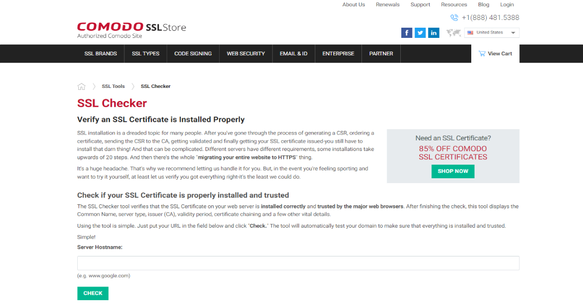 Comodo SSL Checker landing page 