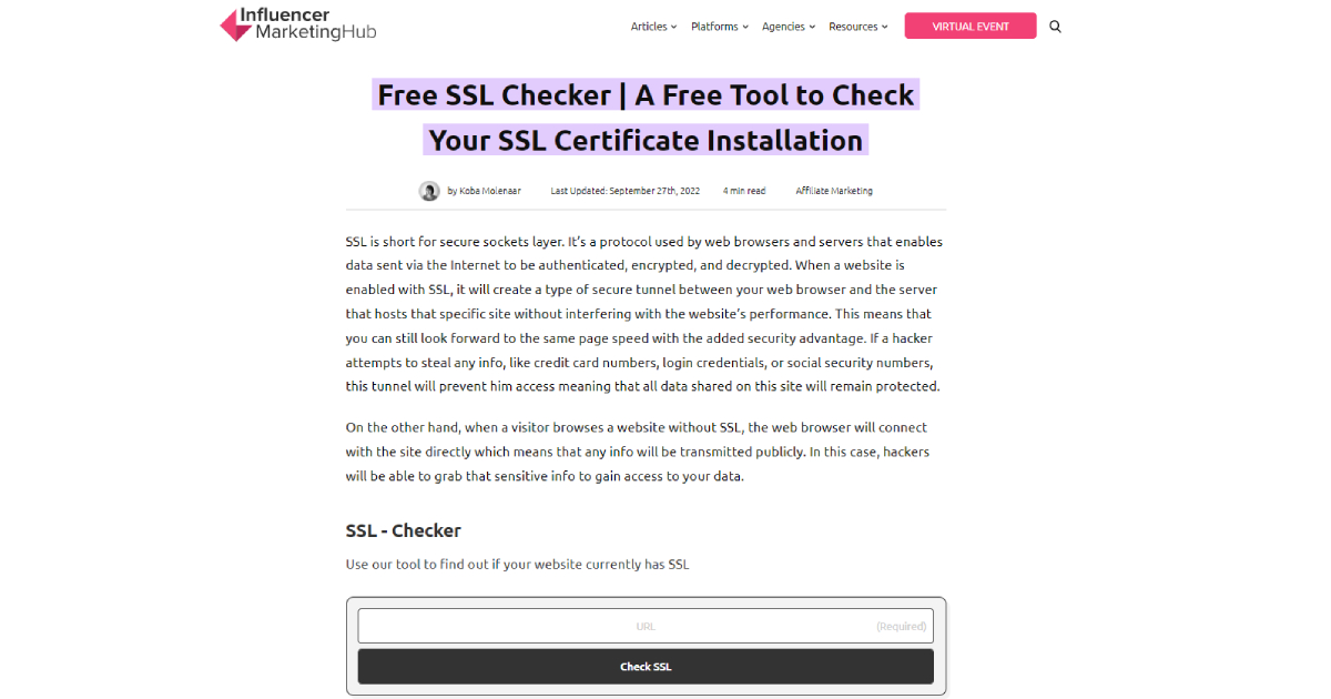 Influencer Marketing Hub SSL Checker landing page