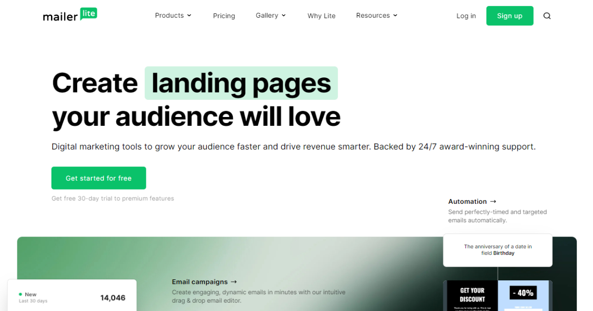 MailerLite landing page