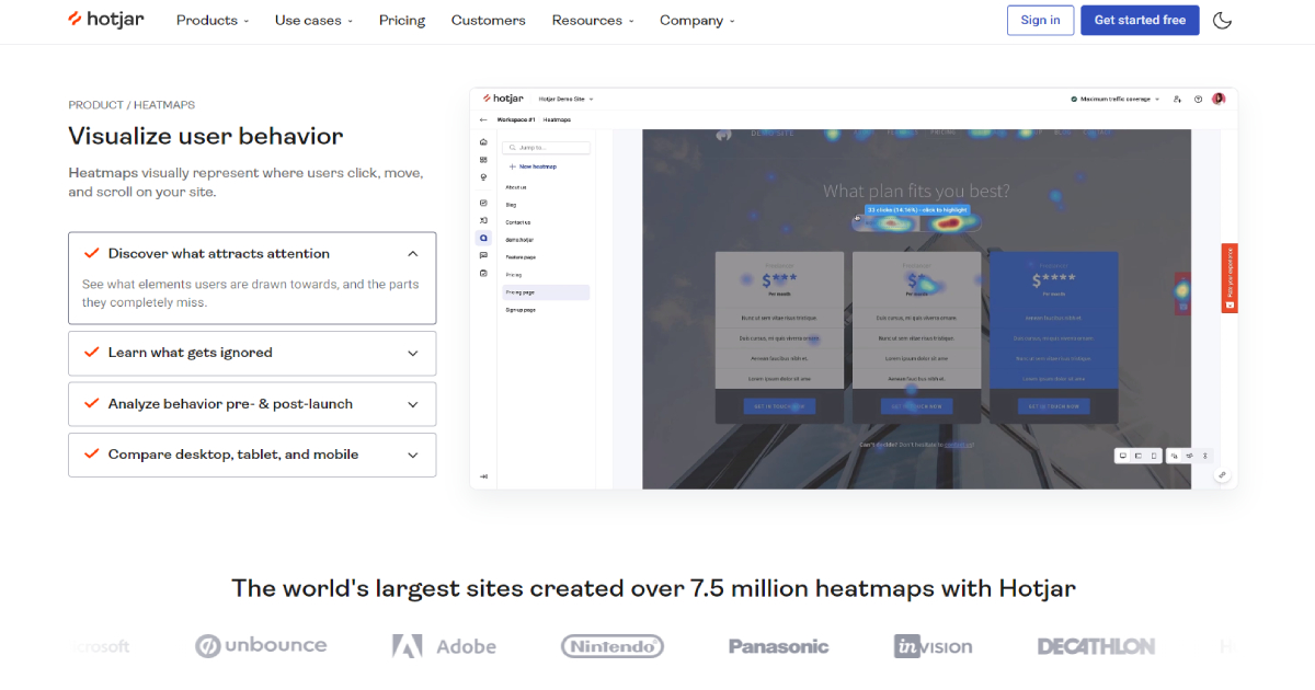 Hotjar Heatmaps landing page